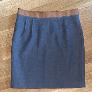 LOFT Ann Taylor Wool Pencil Zip Gray Skirt Brown Grosgrain Ribbon Waist 4